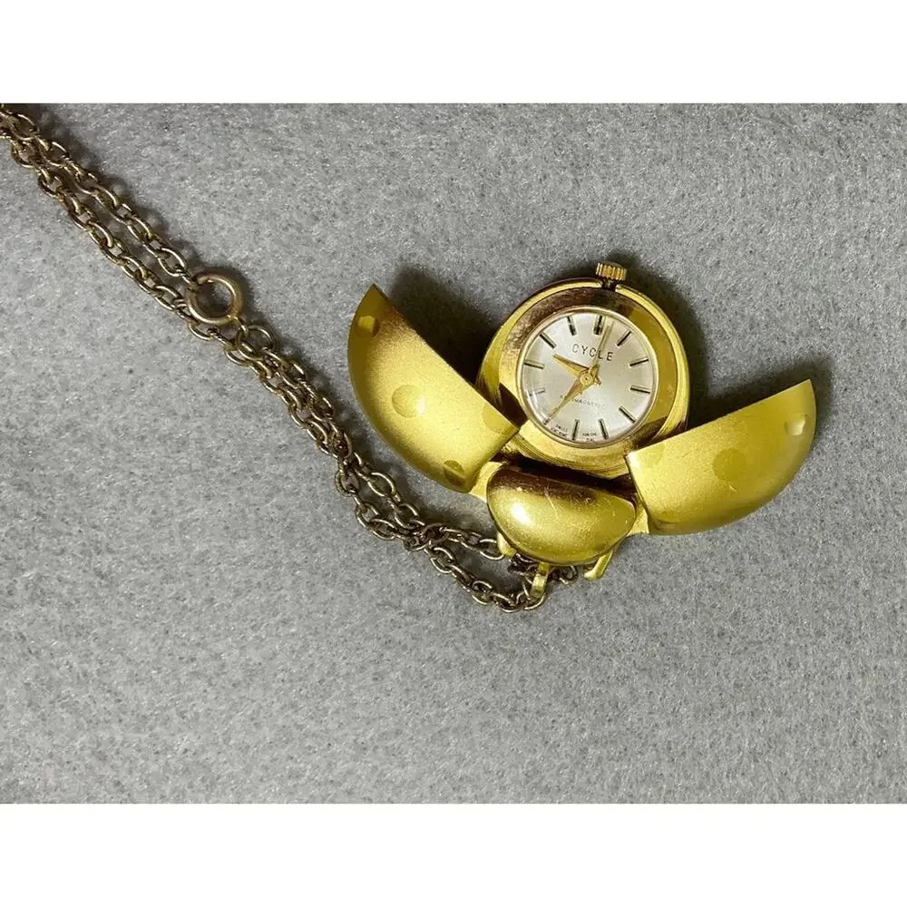 Vintage Cycle Watch Pendant‎ Gold Tone Beetle Gold Tone Chain